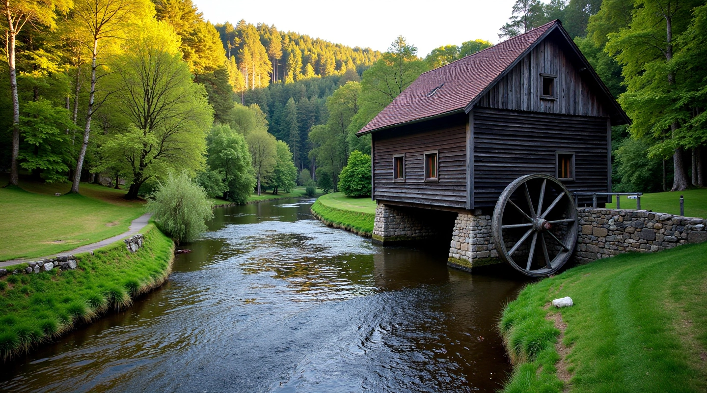 Starý mlýn se zeleným údolím Šumavy v pozadí, historic stone water mill surrounded by forested valley
